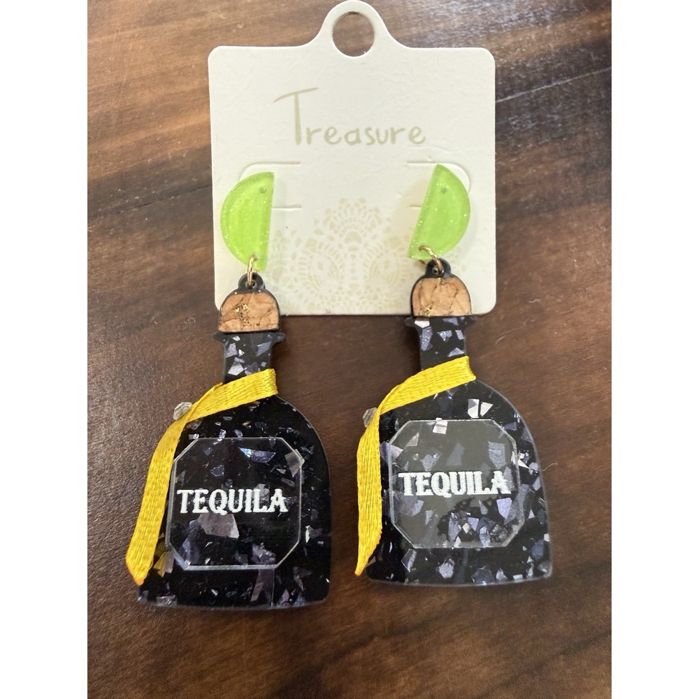 Tequila Bottle Lime Dangle Earrings Black Glitter Acrylic Novelty Party Jewelry